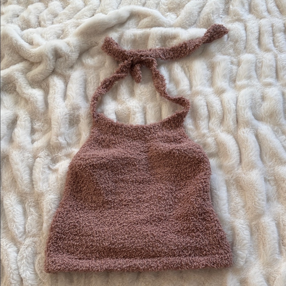 SKIMS Cozy Knit Halter Top L/XL Teddy Fuzzy Brown Tie Neck NWT